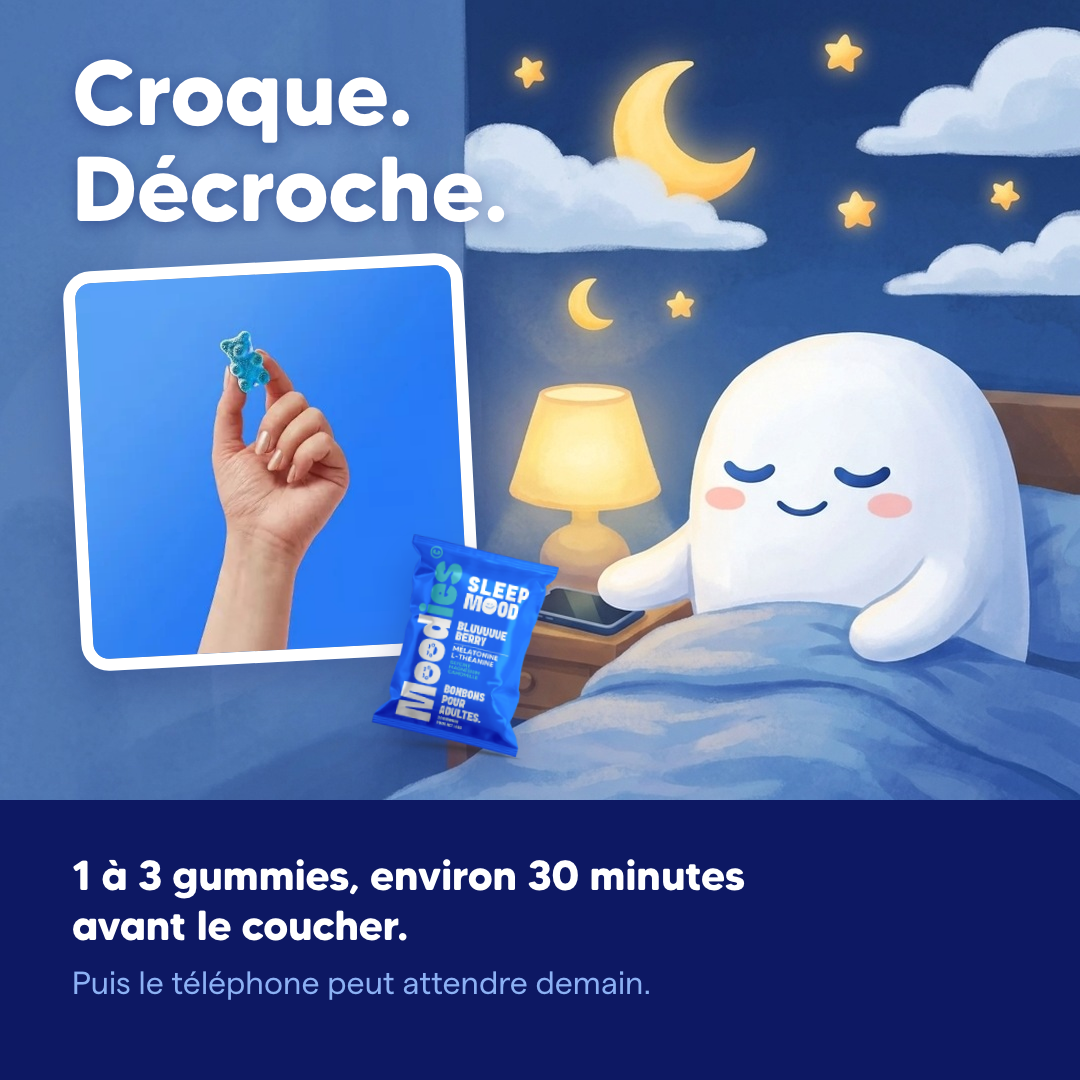 Croque, décroche : 1 à 3 gummies environ 30 minutes avant le coucher