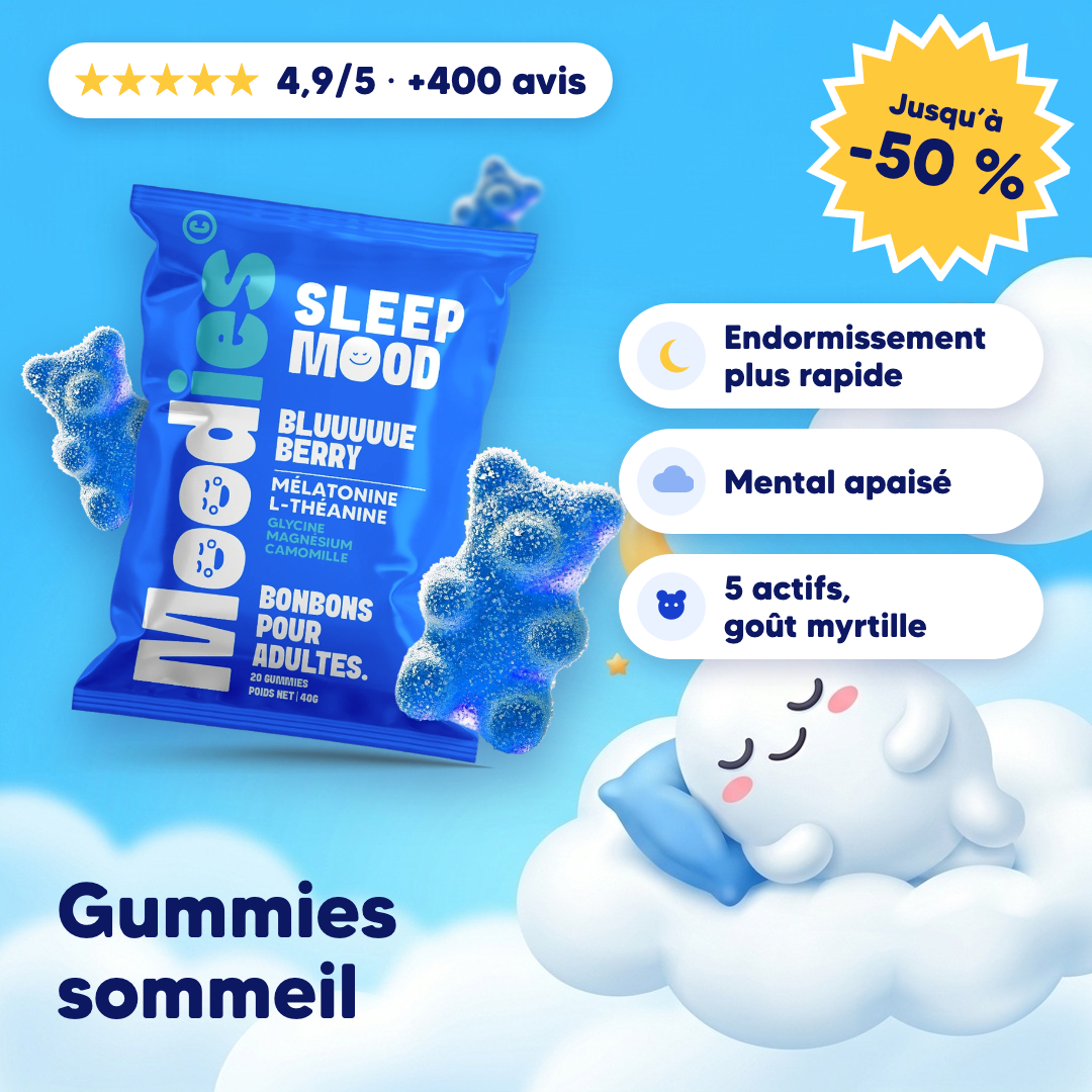 Moodies Sleep mood, gummies sommeil goût myrtille : 4,9/5 sur +400 avis, jusqu'à -50 %