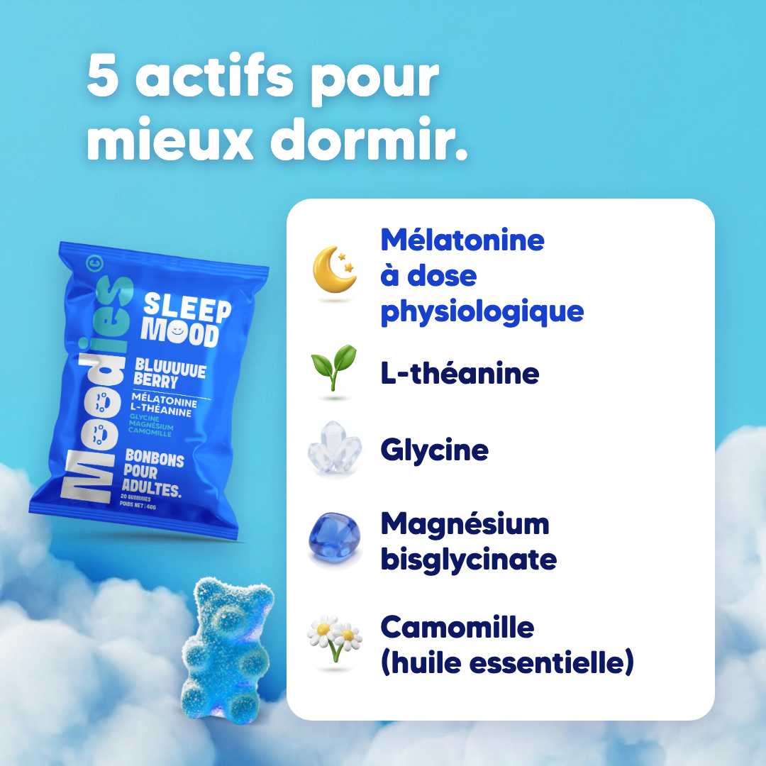 5 actifs pour mieux dormir : mélatonine à dose physiologique, L-théanine, glycine, magnésium bisglycinate, camomille