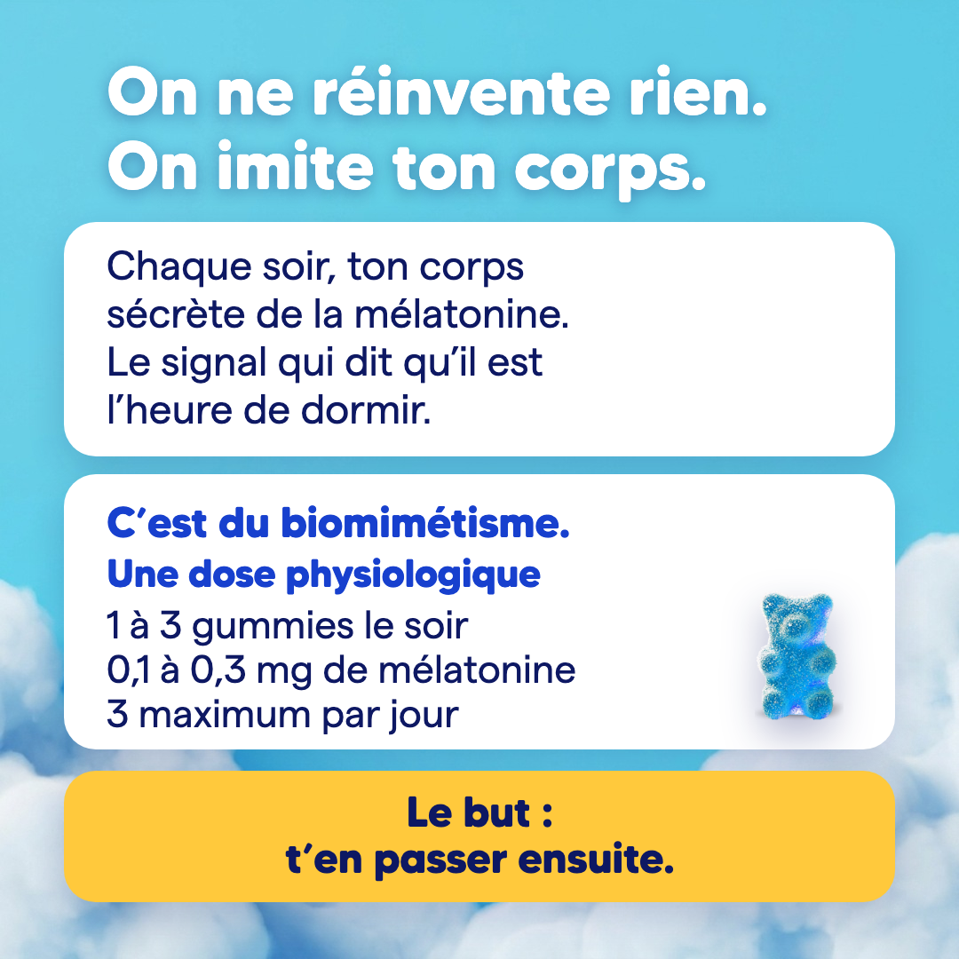 On ne réinvente rien, on imite ton corps : une dose physiologique de mélatonine, 1 à 3 gummies le soir