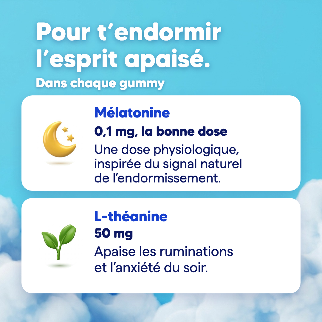 Pour t'endormir l'esprit apaisé : mélatonine 0,1 mg, la bonne dose, et L-théanine 50 mg