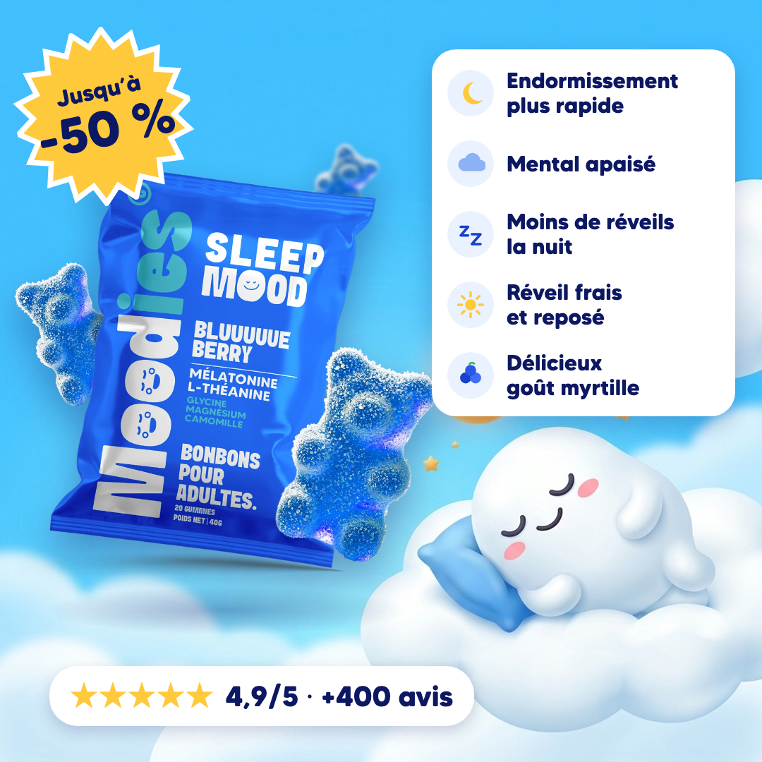 Moodies Sleep mood : endormissement plus rapide, mental apaisé, moins de réveils, réveil frais, goût myrtille. 4,9/5 sur +400 avis, jusqu'à -50 %